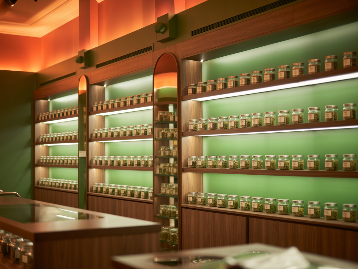 Inside Huff and Puff Dispensary showing premium cannabis products on display