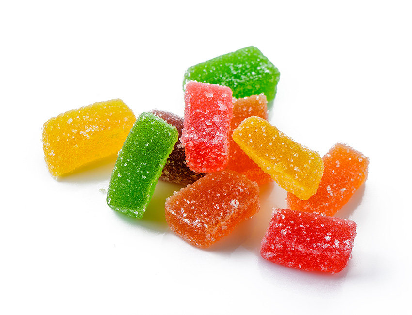 Colorful sugar-coated THC gummies at Huff and Puff Dispensary Vadnais Heights