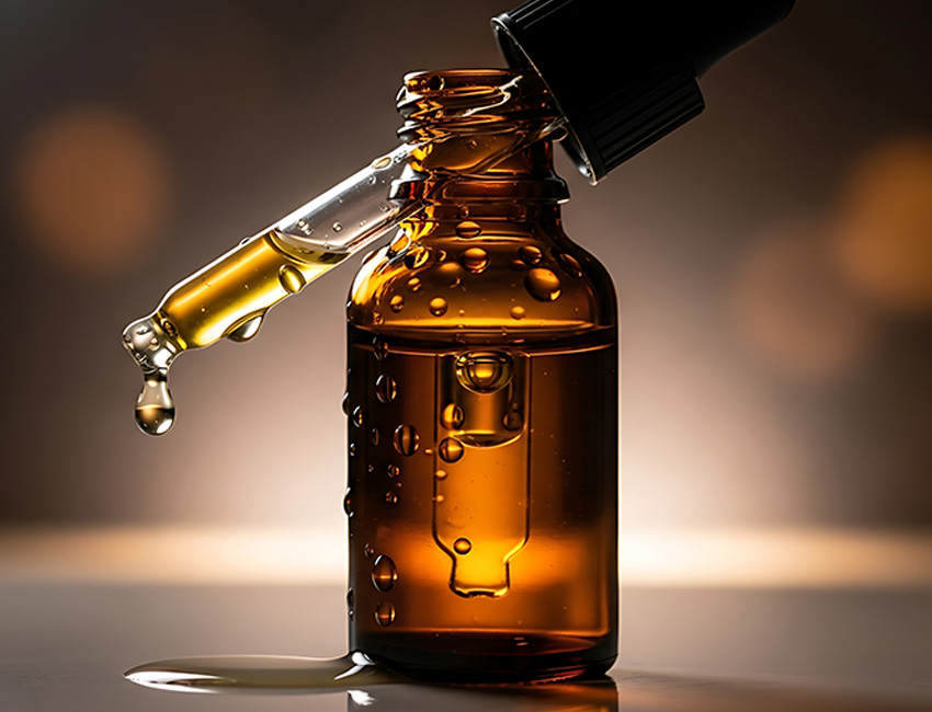 Cannabis tincture dropper bottle with golden oil at Huff and Puff Dispensary